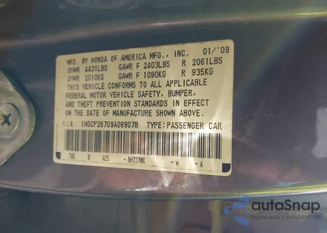 2009 Honda Accord 2.4 Ex from USA, damaged, VIN 1HGCP26709A099078